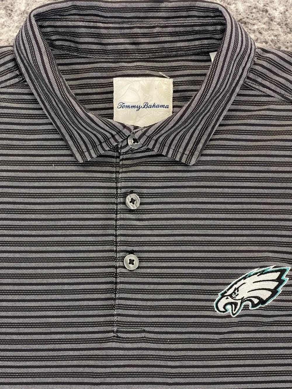 Tommy Bahama Men's Black Striped Short Sleeve Philadelphia Eagles Logo Polo L